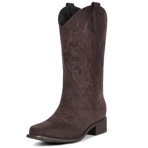 Image of IUV Cowboy Boots For Women Square Toe Wide Mid Calf Western Pull On Suede Fashion Black Brown Cowgirl Boots