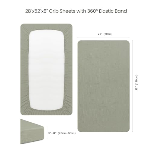 Image of Konssy Muslin Crib Sheets for Boys, Soft Cotton Neutral Baby Sheets for Standard Crib Mattress 2 Pack, 52 inchx28 inch (Fog Green,Cream)