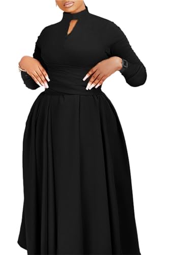 Women's Long Sleeve Maxi Dress High Waist Ruched A Line Swing Cocktail Party Dresses Plus Size2