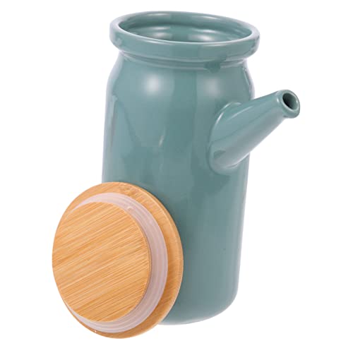 MOLUCKFU Ceramic Oil Pot White Gravy Boat Sauce Container Liquid Dispenser Vinegar Dispenser Gravy Boat with Ladle and Saucer Household Soy Sauce Bottle Maple Syrup Dispenser Wooden Green