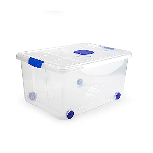 Boîte de rangement 57L avec couvercle et roulettes DRW grand bac plastique transparent