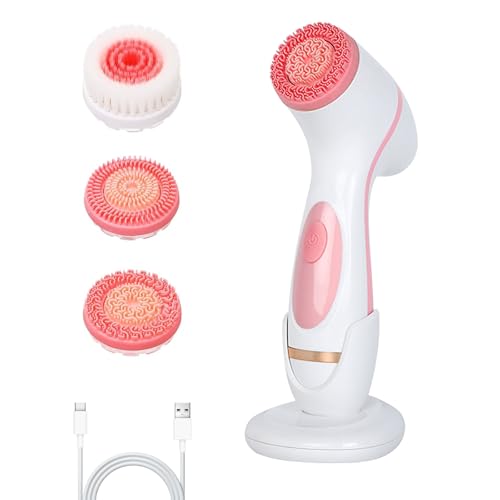 Facial Cleansing Brush 3in1 Silicone Face Scrubber Waterproof Facial Scrubber for Deep Cleansing Rechargeable Face Exfoliation Brush with 2 Adjustable Speeds Face Spin Brush for Women Men (Pink)