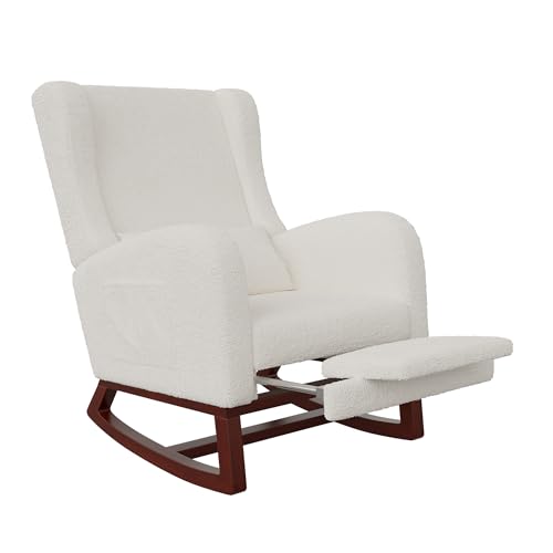 BLSYHDH Sedia a dondolo con poggiagambe, poltrona da esterno in legno con schienale, sedia da allattamento per camera da letto con cuscino lombare e 2 tasche laterali, soggiorno, balcone