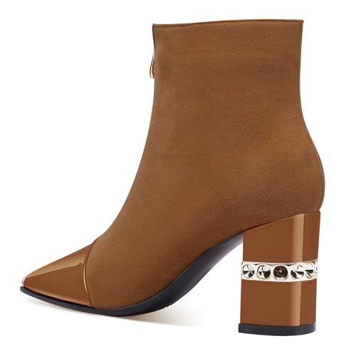 Image of XINIUNIU Women's Ankle Boots Block Chunky Heels Booties Metal Square Toe Suede Front Zipper 3 Inch Short Boot Dress