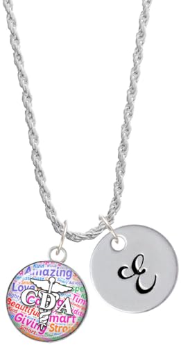 Delight Jewelry Silvertone Domed Multi Color CDA - Silvertone Script Initial Disc - E - Charm Necklace, 20"+3"