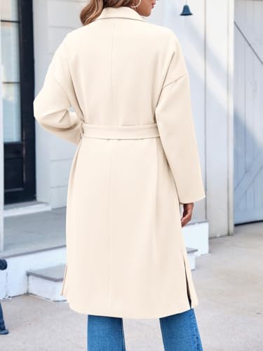 FSHAOES Womens Lapel Collar Pea Coat Open Front Overcoat Belted Long Jacket Outerwear4