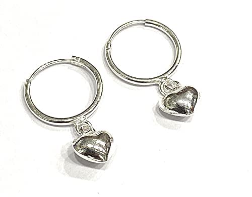 KUKSHYA JEWELLERS 925 Pure Sterling Silver Charms Hoops Bali Earrings pair for Girls, Babies, Boys or Women 12 MM (Small Size) (HEART CHARMS)