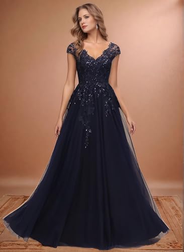 Mother of The Bride Dresses for Women Short Sleeve A Line V Neck Long Chiffon Lace Sequin Formal Evening Gowns4