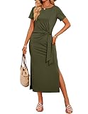 ZESICA Women's Summer Short Sleeve Bodycon Midi Dresses 2025 Casual Crewneck Knit Wrap Tie Waist T Shirt Long Dress,Army Green,Small