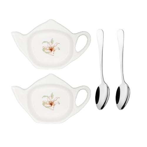 Tea Bag Holder for Used Tea Bag, 2 Sets of Ceramic Teapot Shaped Teabag Holder Dish with Spoon, 4.5X 2.9 Inches