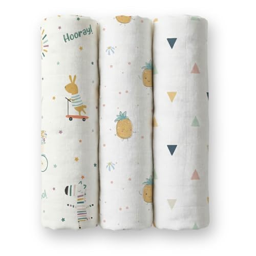 Image of haus & kinder 100% Cotton Muslin Swaddle Wrap for New Born Baby | Pack of 3 (120x120 cm) | Baby Blanket & Swaddles for Newborn | Jungle Party Collection