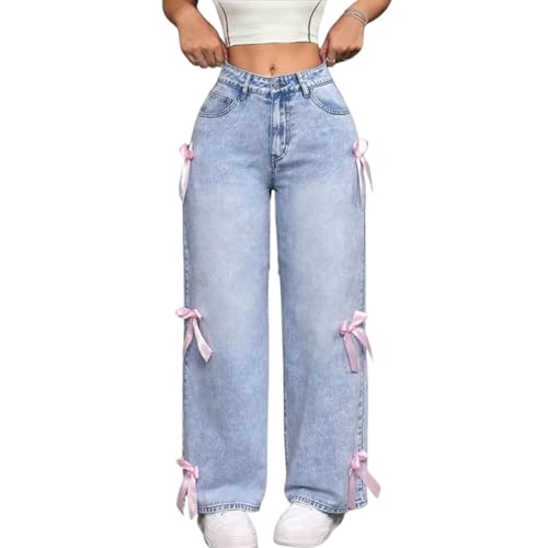 Baggy Jeans for Women Teen Girls Bow Cute Denim Jeans High Waisted Straight Leg Pants Aesthetic Scene Clothes