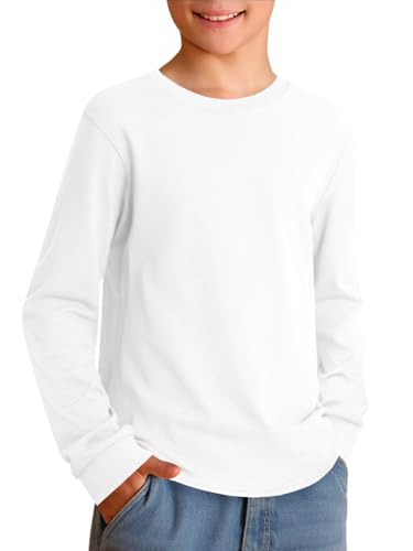 ZDC Boys Long Sleeve Shirts Kids Crewneck T Shirts Fall Tops Casual Basic Tees Clothes 5-14 Years White