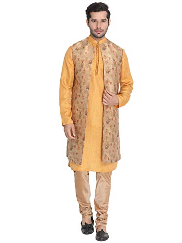 Image of VASTRAMAY Men's Beige Cotton Silk Blend Kurta, Ethnic Jacket and Pyjama Set