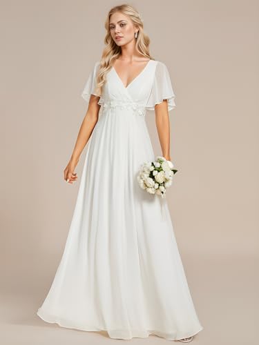 Image of Ever-Pretty Women's Spring Short Sleeve Bridesmaid Dresses V-Neck Chiffon Ruched Empire Waist Appliques Long Formal Dress