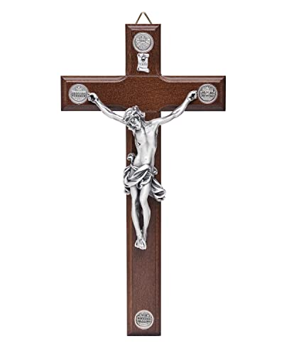 Mondo Cattolico - Crucifix wall cross Catholic Benedict During Pope's Angelus, Wooden Decorative Cross for the Wall with Four Medals of the Roman Basilicas - Jesus crucifix - Ideal catholic gift