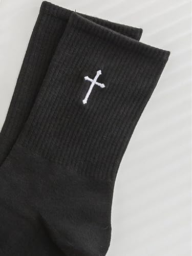 SHENHE Men's 2 Pairs Cross Print Embroidered Geo Crew Socks Knit Soft Daily Socks4