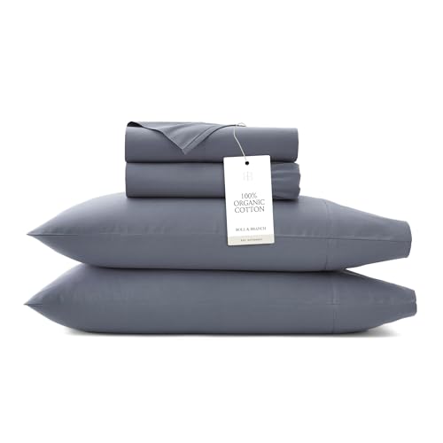 BOLL & BRANCH Signature Hemmed Sheet Set - Queen, Mineral - Luxury 100% Organic Cotton - Includes 1 Flat, 1 Fitted, 2 Pillowcases - Buttery Soft