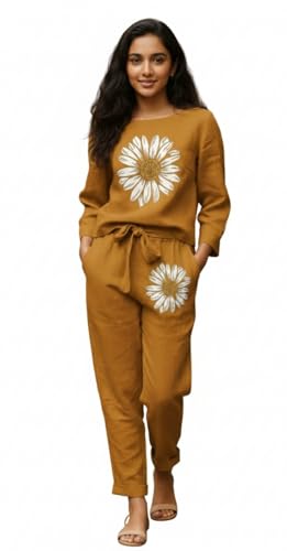 Image of White Button new Girls sunflower Daisy Print Flax Cotton Co-ord Set - Breathable Summer 2-Piece Outfit