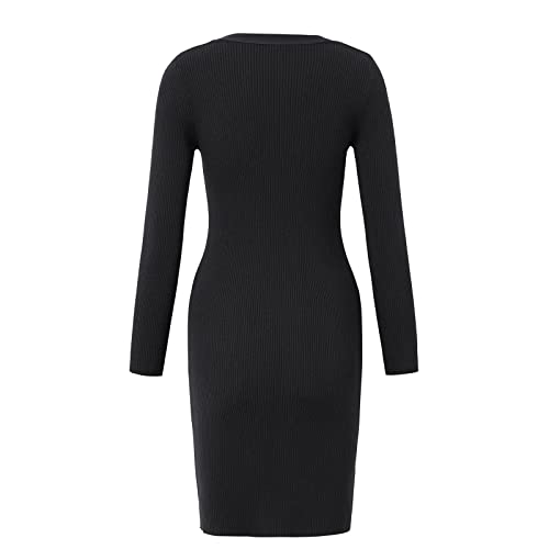 Image of Women V-Neck Long Sleeve Slim Fall Sweater Knitted Midi Dress (Black, Medium)