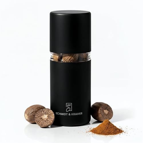 SCHMIDT & KRAMER Muskatnuss Mühle I hochwertige Muskatmühle aus Edelstahl mit Vorratsbehälter, scharfes Stahlmahlwerk, um frische Muskat-Aromen mühelos zu genießen (Mitternacht)