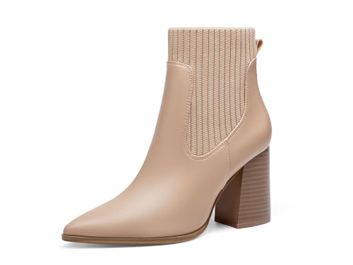 Image of Coutgo Women Ankle Boots Sock Booties Pointed Toe Chunky Stacked High Heel Knit Chelsea Winter Dress Booties