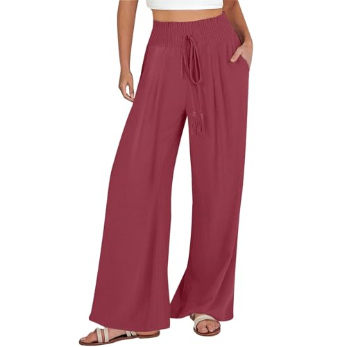 Women Linen Palazzo Pants Summer Boho Wide Leg High Waist Casual Lounge Pant 2025 Beach Vacation Outfits with Pockets