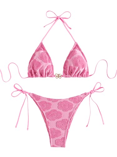 Sweatyrocks Women's 2 Piece Triangle Bathing Suit Halter Top Tie Side Thong Bikini Swimsuits Pink Flower S #TOP14
