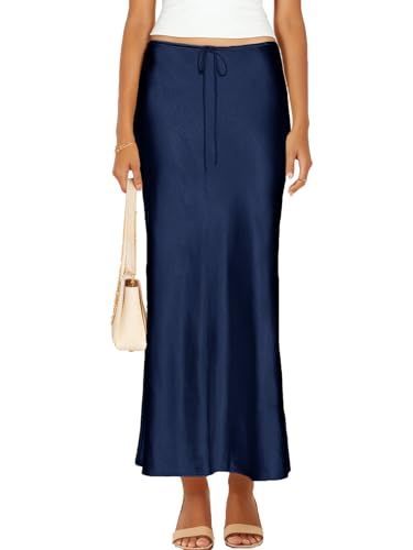 Skrtimory Womens Satin Silk Maxi Skirts Drawstring Flared Casual A-Line Long Skirt for Women Navy Blue