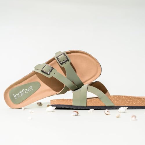 Image of Indifeet Daily Use Stylish Buckle Casual Cork Sandals for Women | Comfortable Arch Support Slippers with Adjustable Double Straps, Daily Use Flats, Light Weight Slides, Office, Outdoors, Home