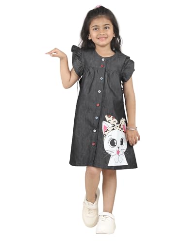 Image of superminis Girls Denim Solid Color Half Sleeves Dress with Embroidered Pocket (1 Dress)