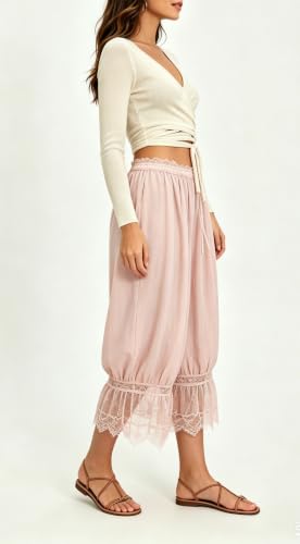 Image of UAURORAO Women Lace Trim Bloomer Pants Flowy Culottes Pantaloons Bloomers