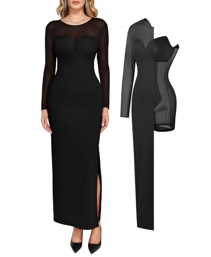 Popilush Long Sleeve Prom Maxi Dress for Women Mesh Shapewear Bodycon Dress Fall Tight Fitted Party Wedding Long Dresses