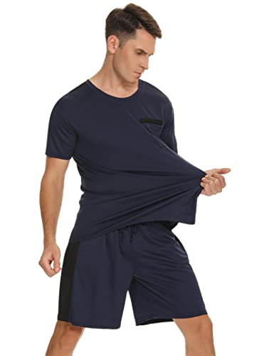 Ticioeke Survêtement Homme Ensemble de Sport Homme Été Ensemble Short Tee Shirt Homme 2 Pièces T-shirt et Short Costume à Manches Courtes Ensembles de Sportswear Casual Respirant bleu marine et noirM - Image 4