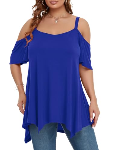 Image of LARACE Cold Shoulder Tops for Womens Summer Clothes Spaghetti Strape Tunic Oversized Shirts Asymmetrical Plus Size Blouse