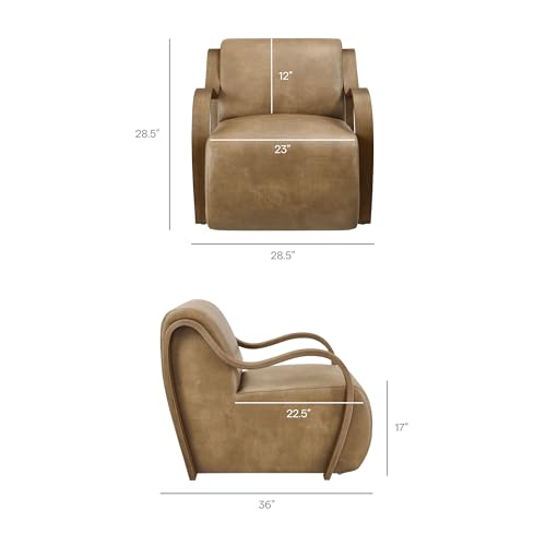 Sillón lounge de cuero vegano tostado con brazos de madera miniatura 3