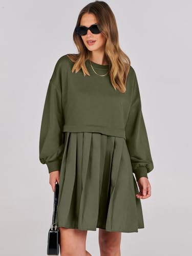 ANRABESS Women Sweatshirts Dress Oversized Long Sleeve Patchwork Casual Loose Pleated Pullover Mini Dress Fall Outfits 20254