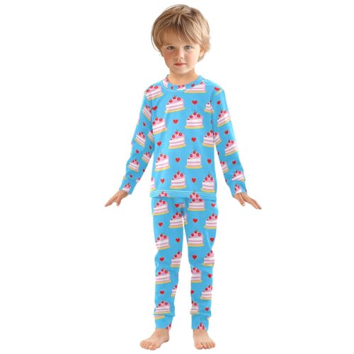 ALAZA Blue Cake Cherry Heart Pajamas Long Sleeve Sleepwear 2-Piece Pajama Set3