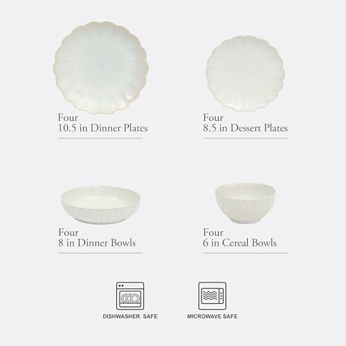 Image of Gibson Elite Malibu Shore 16 Piece Scallop Stoneware Reactive Glaze (Service for 4) Ceramic Plates and Bowls Dinnerware Set - Shiny Cream White