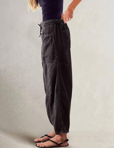 People Free Dupe, People Free Dupe Pants Barrel Jeans for Women Stretch Elastic Waist Pull-on Wide Leg Baggy Pants Lightweight Casual Crop Denim with Drawstring3