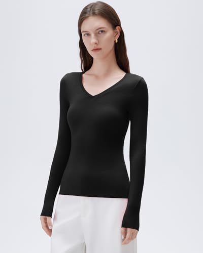 SUUKSESS Cloud Cashmere Women V Neck Fitted Long Sleeve Shirt Basic Soft Knit Tops2
