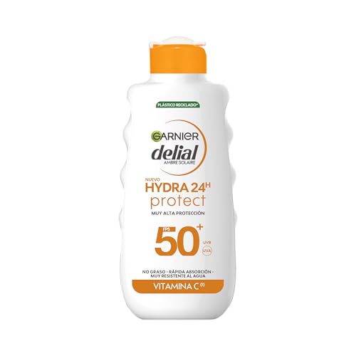 Garnier Delial Hydra 24h Protect Leche Protectora Antimanchas con [Vitamina C]. Muy Alta Protección FPS 50+. No graso. Absorción rápida y muy resistente al agua. 175 ml