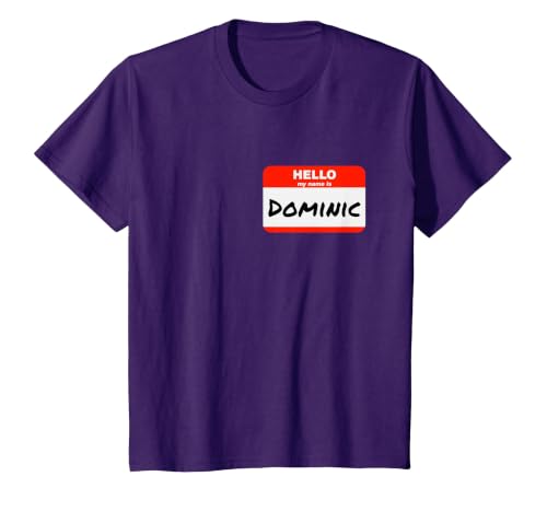 Dominic Name Tag Sticker Hello My Name is Dominic T-Shirt, Youth, Purple, Large