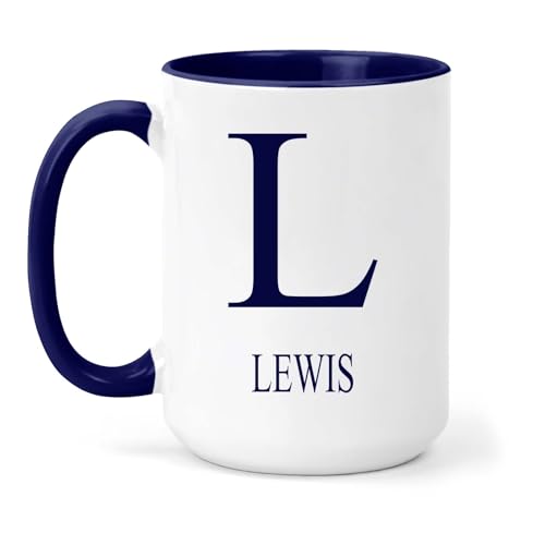 grabmybits Lewis Personalized Initial Mug - Custom Name Ceramic Cup for Tea or Coffee Gift - Navy