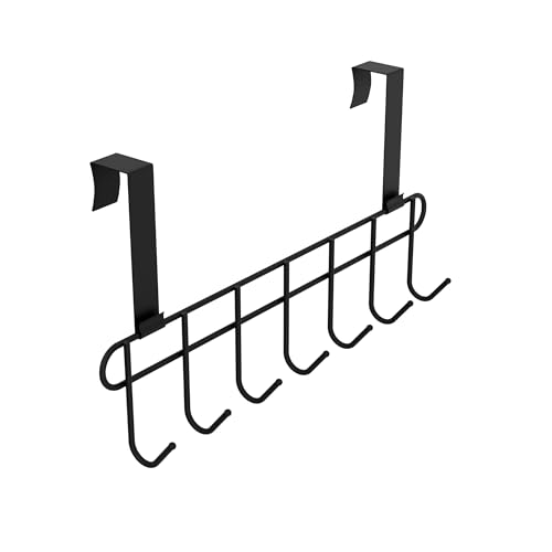 Image of Over the Door Hook Hanger Rack | Heavy Duty Multi Alloy Steel | No Drill 7 Hook Organizer | Space Saving Door Hanger for Bedroom, Bathroom, Kitchen & Home Storage - Black (Pack of 2)