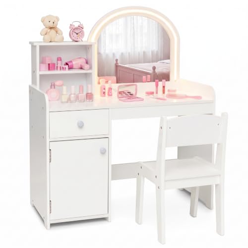 Kids Vanity Table and Chair with Lights 2 in 1 Girls Dressing Table with 2-colored LED Mirror Drawer Storage Shelves Toddlers Makeup Pretend Play Toy Gift (White)