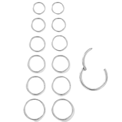 6Pairs Nose Rings Hoops - 316L Surgical Steel Hinged Nose Hoops 16G/18G/20G Clicker Septum Nose Ring Lip Helix Cartilage Hoop Earring Daith Rook Conch Body Piercing Jewelry for Women Men 6mm 7mm 8mm 9mm 10mm 12mm (Silver 16 gauge(1.2mm))