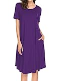 Womens Loose Swing Casual Midi Dress Short-Sleeve Scoop Neck T-Shirt Dress Purple S
