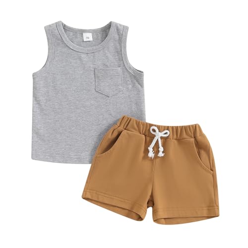 Image of Amiblvowa Toddler Baby Boy Summer Clothes Tank Cami Sleeveless Top Checkerboard Shorts Set Newborn 2 Piece Outfit