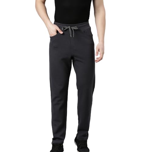 Image of F A S O Men's Cotton Track Pants - Casual Fit, Ottoman Fabric, Denim Pocket, Invisible Back Pocket, Adjustable Drawcord Waist - Gym, Workout, All-Day Comfort Lounge Joggers